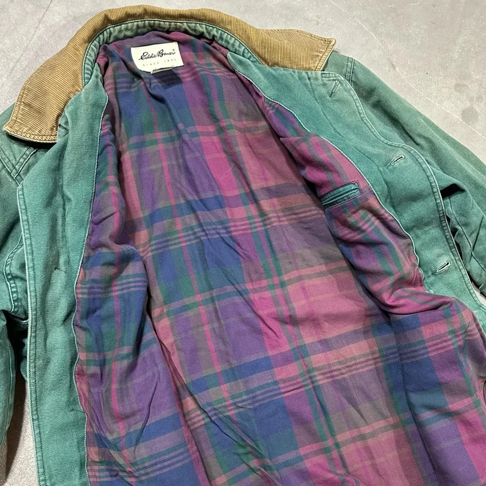 Vintage Distressed Eddie Bauer Faded Green Canvas Barn Chore Jacket Mens Large - Picture 9 of 10